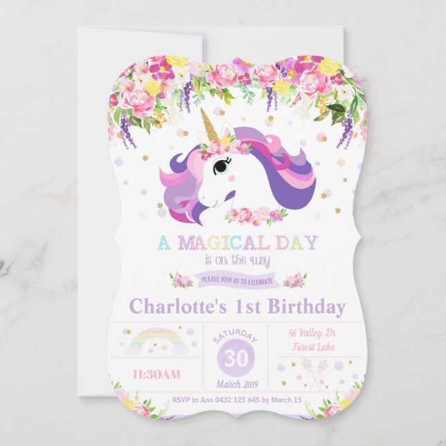 Purple Rainbow Unicorn 1st Birthday Invitations (Front)
