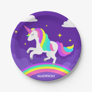 Purple Rainbow Unicorn Party Personalized Name Paper Plates