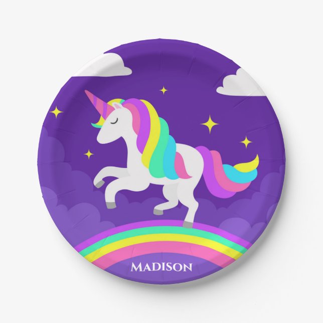 Purple Rainbow Unicorn Party Personalized Name Paper Plates (Front)