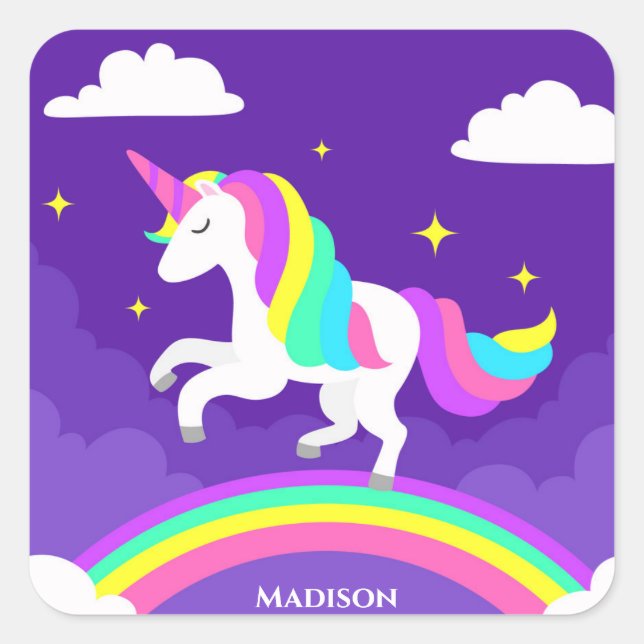 Purple Rainbow Unicorn Personalized Girly Cute Square Sticker (Front)