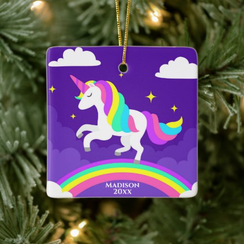 Purple Rainbow Unicorn Personalized Year Magical Ceramic Ornament