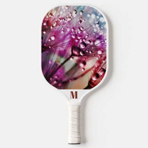 Purple Raindrops and White Modern Monogram  Pickleball Paddle
