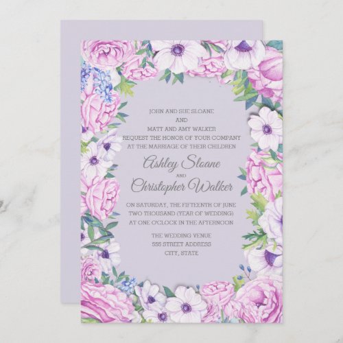 Purple Ranunculus Anenome Floral Wreath Wedding Invitation