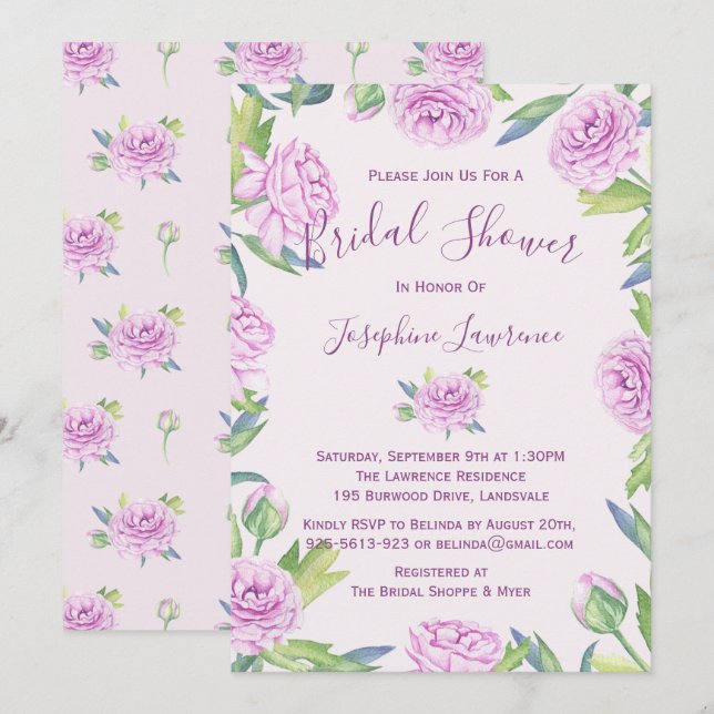 Purple Ranunculus Bridal Shower Invitation (Front/Back)