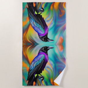 Purple Raven, northern lights background Beach Towel