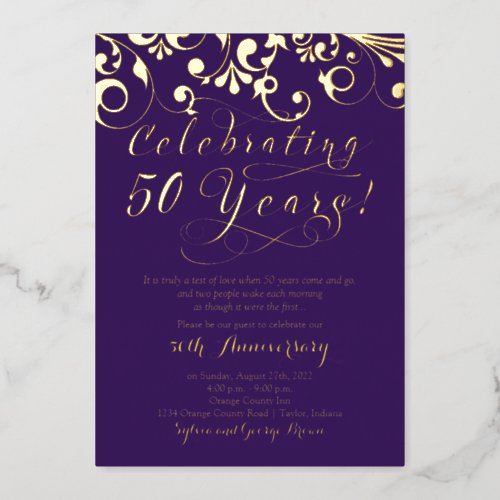 Purple Real Gold 50th Wedding Anniversary Foil Invitation