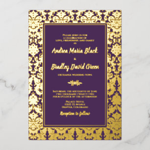 Purple Real Gold Foil Damask Wedding Foil Invitation