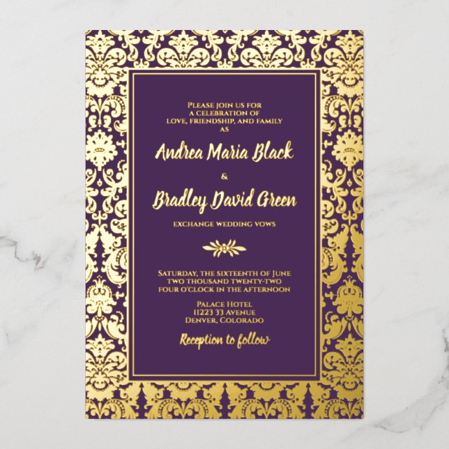 Purple Real Gold Foil Damask Wedding Foil Invitation (Front)