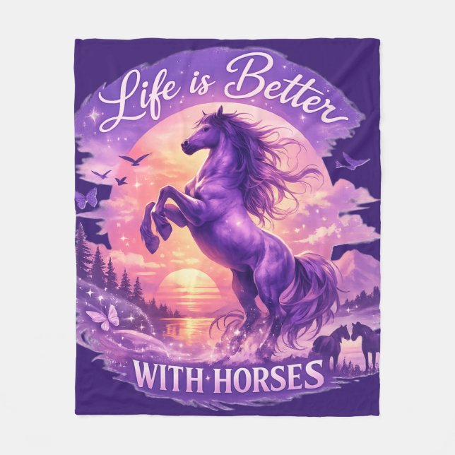 Purple Rearing Horse Sunset Fantasy Art  Fleece Blanket (Front)