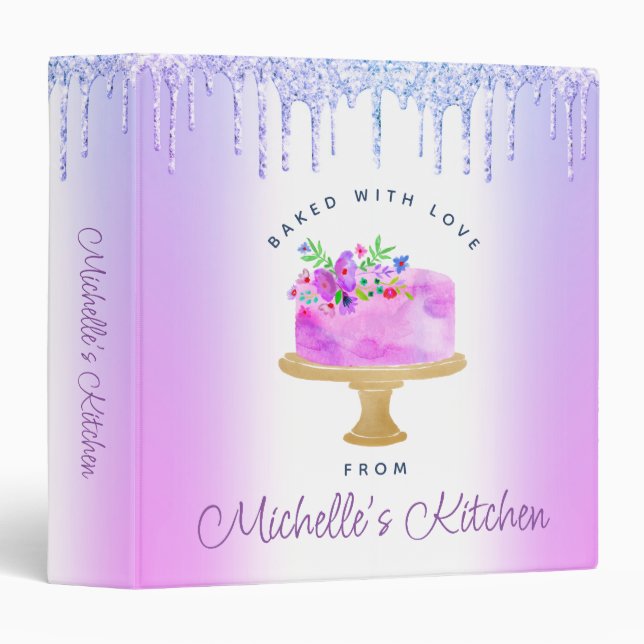 Purple Recipe Cookbook Cake Glitter Drips Baking 3 Ring Binder (Front/Spine)