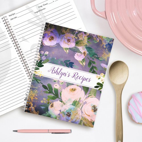 Purple recipe cookbook floral watercolor vintage notebook