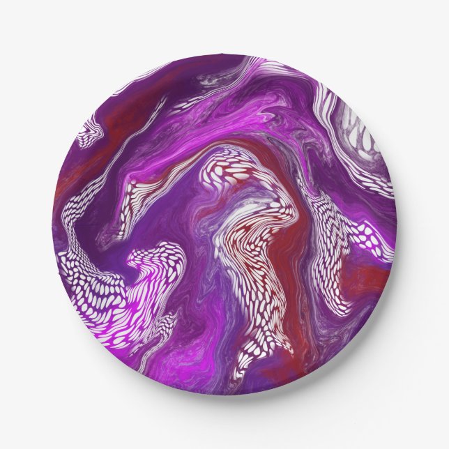 Purple Red Abstract Modern Marble Fluid Art  Paper Plates (Front)