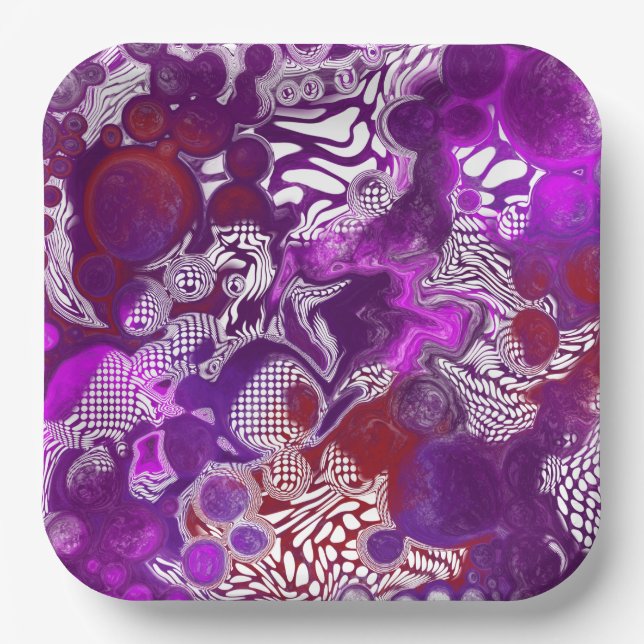 Purple Red Abstract Modern Marble Fluid Art  Paper Plates (Front)