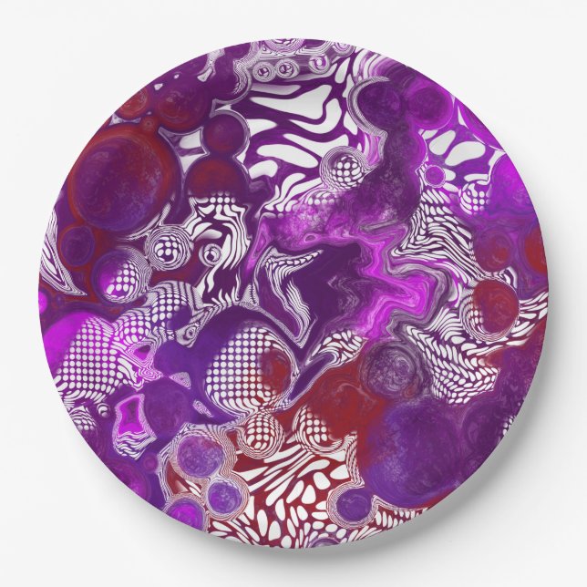 Purple Red Abstract Modern Marble Fluid Art   Paper Plates (Front)