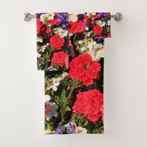 Purple Red and White Annual Flowers Bath Towel Set