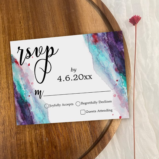 Purple Red Aqua Abstract Watercolor Wedding RSVP (Creator Uploaded)