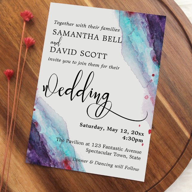 Purple, Red & Aqua Watercolor Modern Wedding 1 Invitation (Creator Uploaded)