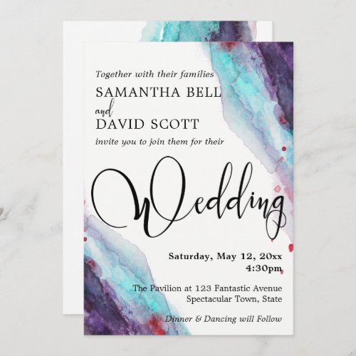 Purple Red Aqua Watercolor Modern Wedding 2 Invitation