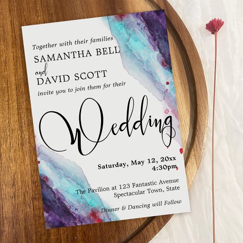 Purple Red Aqua Watercolor Modern Wedding 2 Invitation