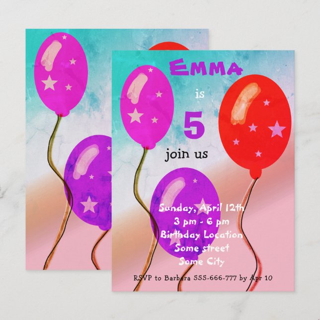 Purple Red Balloons Kids Birthday Party  Invitation Postcard (Front/Back)