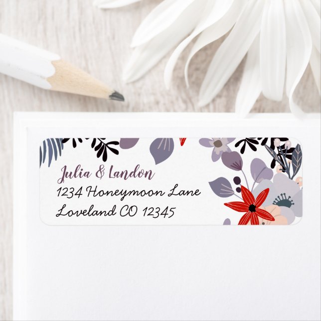 Purple Red Blush Pink and Gray Floral Wedding Label (Insitu)