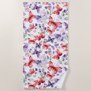 Purple Red Butterflies Beach Towel