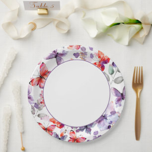 Purple Red Butterflies Bridal Shower Paper Plates
