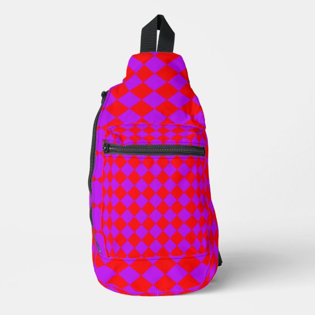 Purple Red Checker Diamond Pattern Sling Bag (Front)