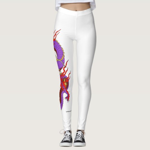 Purple Red Dragon on white leggings