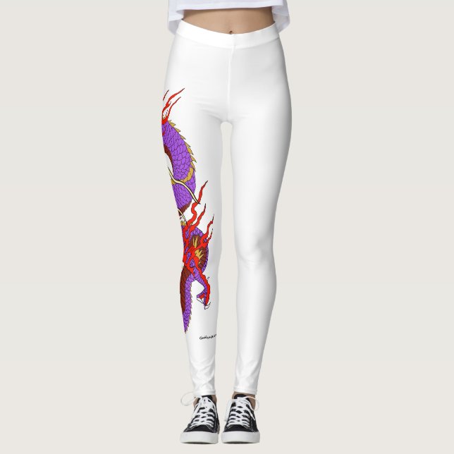 Purple Red Dragon on white leggings (Front)