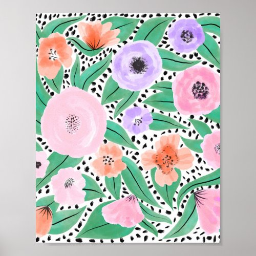 Purple Red Floral Polka Dots Watercolor Pattern Poster