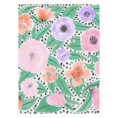 Purple Red Floral Polka Dots Watercolor Pattern Tablecloth