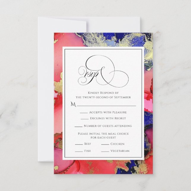 Purple Red Gold Geode Wedding RSVP Card (Front)