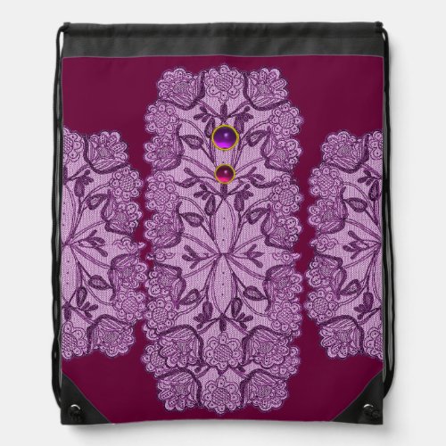 PURPLE RED LACE FLOWERS COLORFUL GEMSTONES  DRAWSTRING BAG