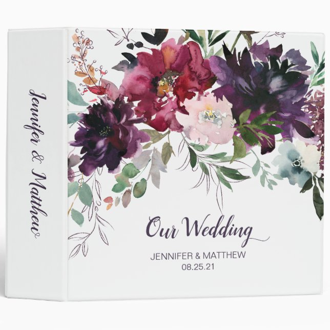 Purple Red Mauve Pink Floral Wedding Album 3 Ring Binder (Front/Spine)