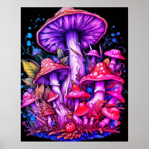 Purple + Red Mushrooms Black Background on a Wall Poster
