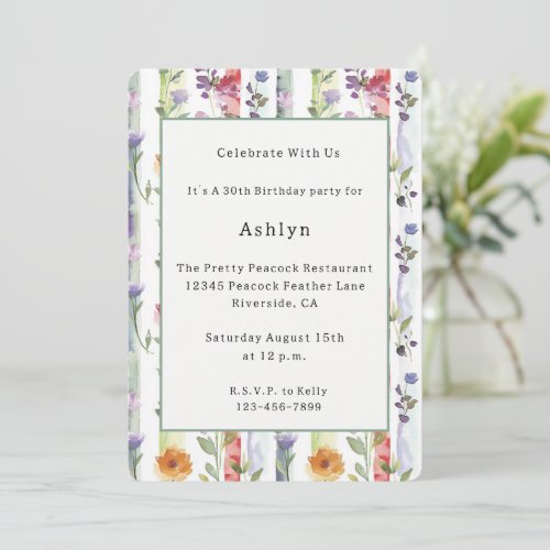 Purple Red Orange Floral Stripes Birthday Invitation
