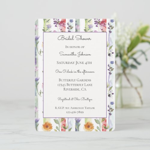 Purple Red Orange Floral Stripes Bridal Shower   Invitation
