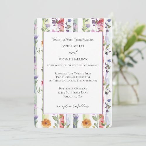 Purple Red Orange Floral Stripes Wedding Invitation