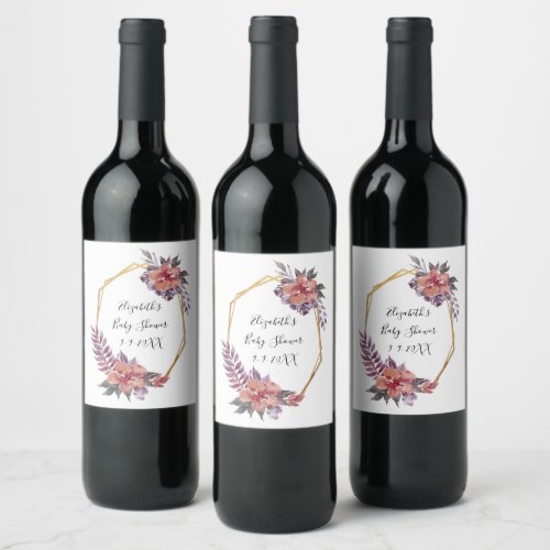 Purple Red Pink Floral Gold Frame Baby Shower Wine Label