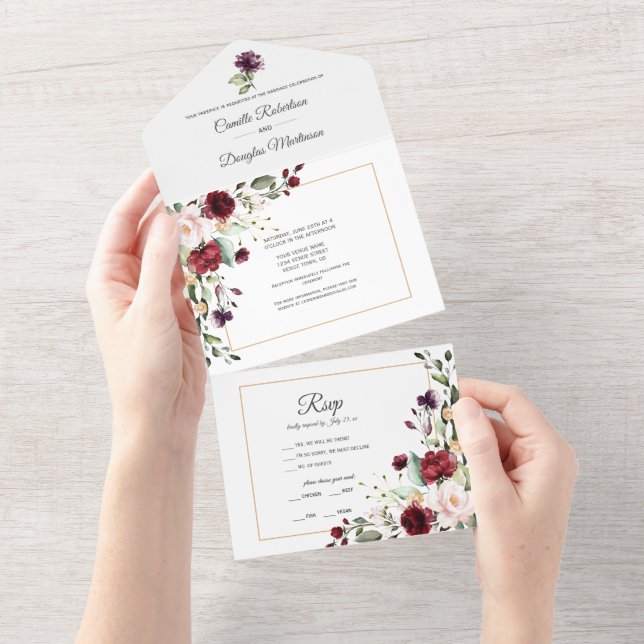 Purple, Red, Pink, Gold Floral | All In One Invitation (Tearaway)