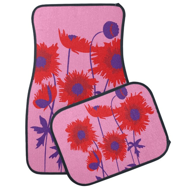 Purple red pink poppy graphic art car mats (Set)