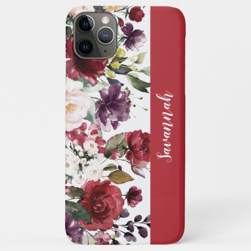 Purple Red Pink Watercolor Floral Monogram iPhone 11 Pro Max Case