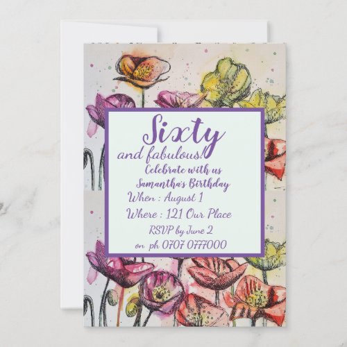 Purple Red Poppy Floral 60th Birthday Invitation