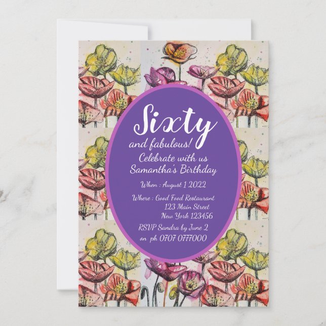 Purple Red Poppy Floral 60th Birthday Invitation (Front)