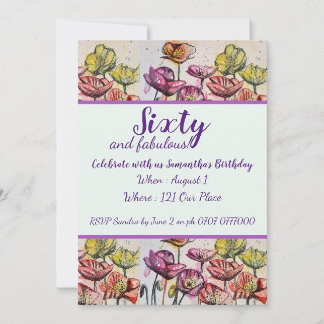 Purple Red Poppy Floral 60th Birthday Invitation (Front)