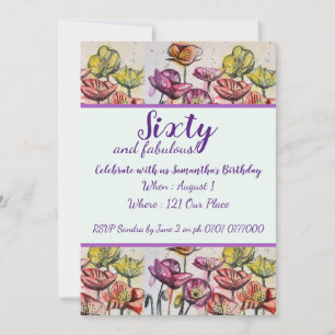 Purple Red Poppy Floral 60th Birthday Invitation
