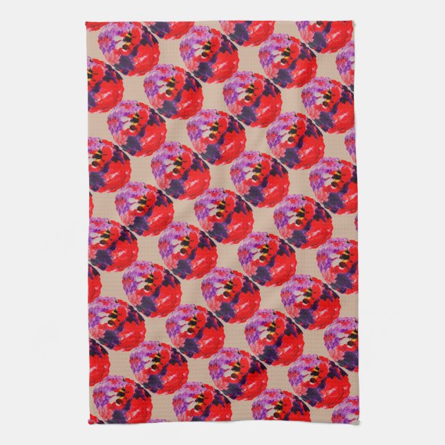 Purple Red Retro Pattern Flower Bees Kitchen Towel (Vertical)