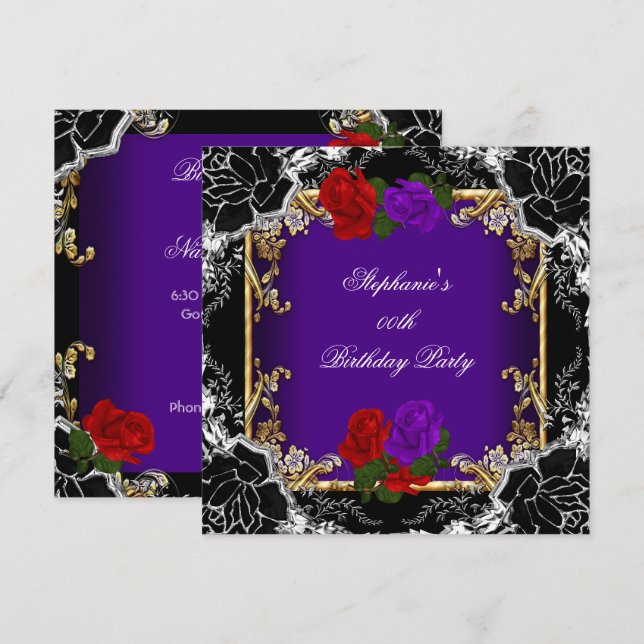 Purple Red Rose Gold Black Birthday Party Invitation (Front/Back)