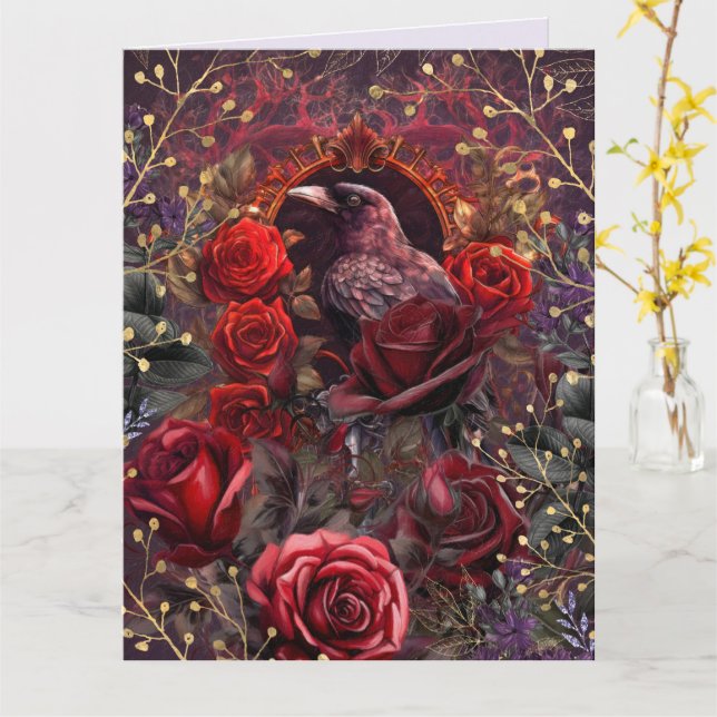 Purple Red Rose Gothic Dark Beauty Crow Raven  Card (Yellow Flower)